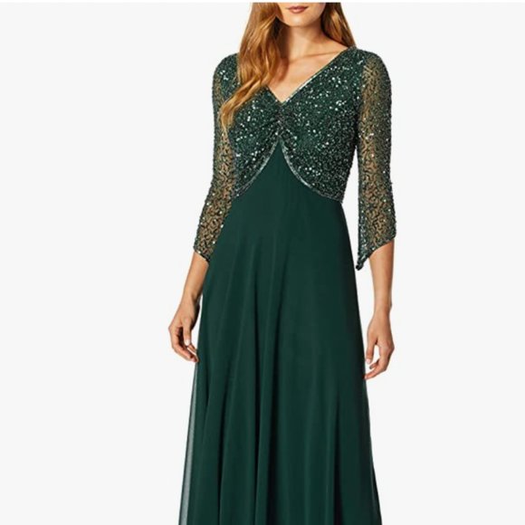 J Kara Women's Handmade Beaded V-Neck Gown, Hunter Green, 14 (new) - Picture 1 of 4